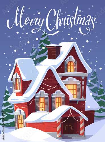 House in snowfall. Christmas greeting card \ background \ poster. Vector illustration.