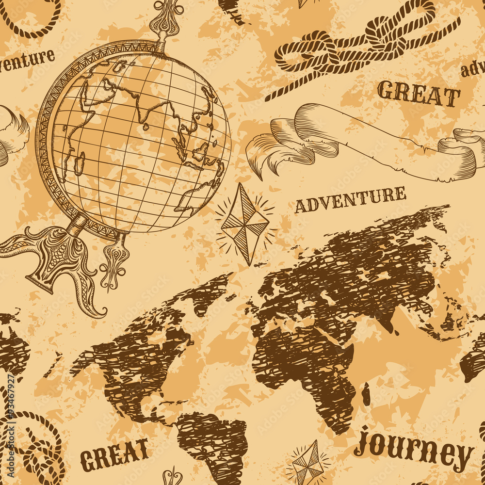 Seamless pattern with vintage globe, abstract world map, rope knots ...