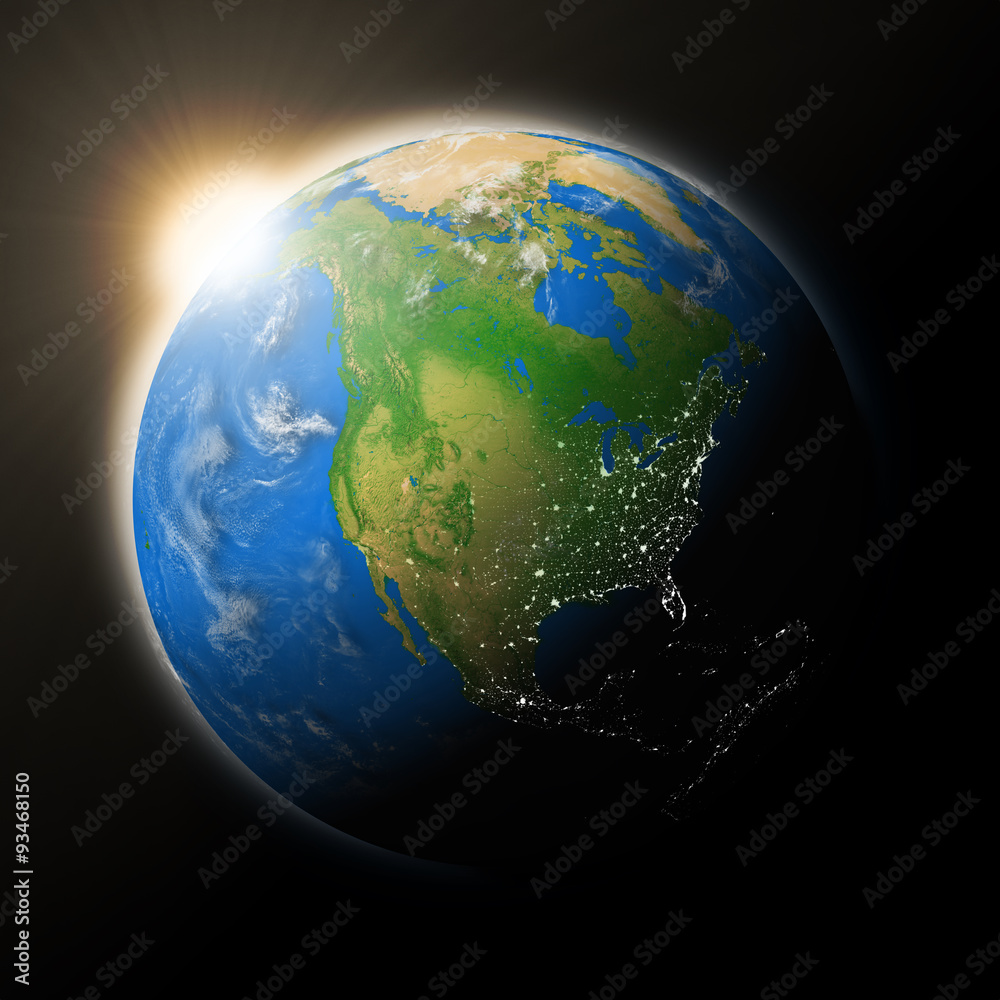 Fototapeta premium Sun over North America on planet Earth