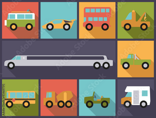 Automotive icons vector illustration. Horizontal flat design illustration with various cars, trucks, buses and vans