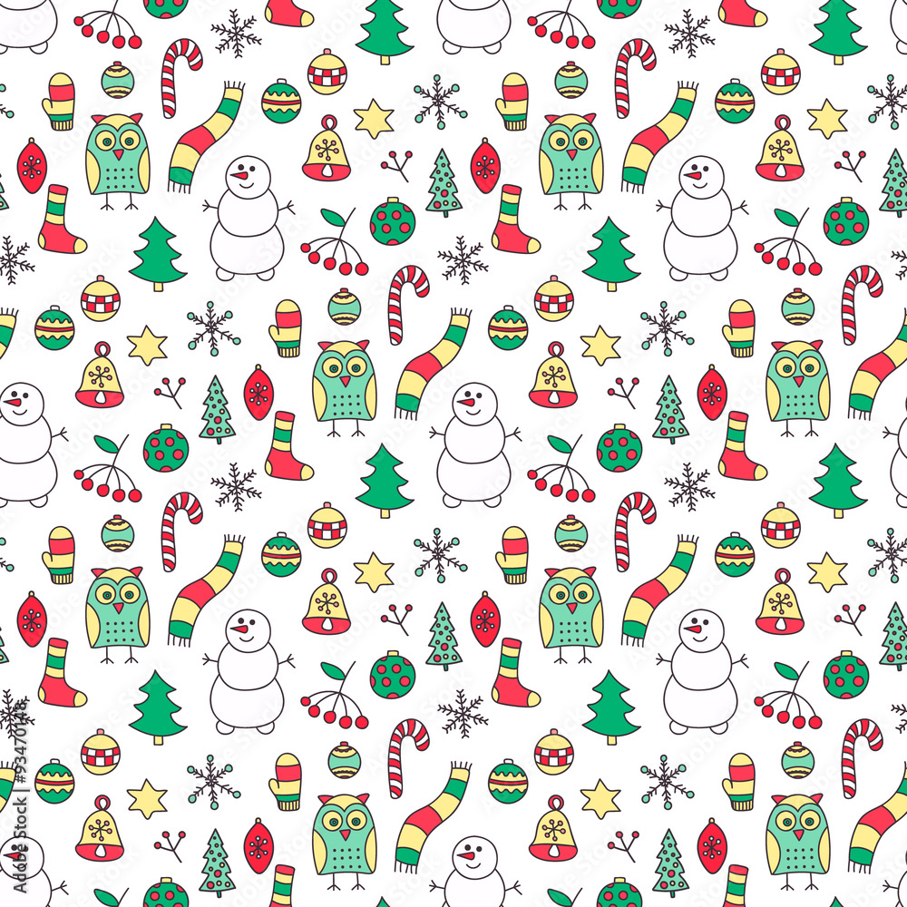 Winter seamless pattern. Hand drawn doodle winter elements - spruce, owl, snowman, scarf, mittens, socks, star, berries, branch, snowflake, Christmas tree balls. Red, green, yellow colors. Winter seamless pattern. Hand drawn doodle winter elements - spruce, owl, snowman, scarf, mittens, socks, star, berries, branch, snowflake, Christmas tree balls. Red, green, yellow colors.