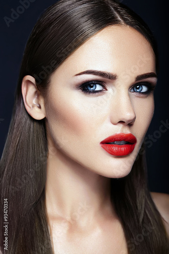 sensual glamour portrait of beautiful  woman model lady with fresh daily makeup with red lips color and clean healthy skin face