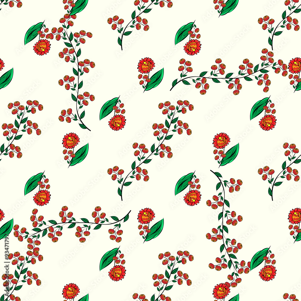 Red flowers and autumn berries seamless pattern background