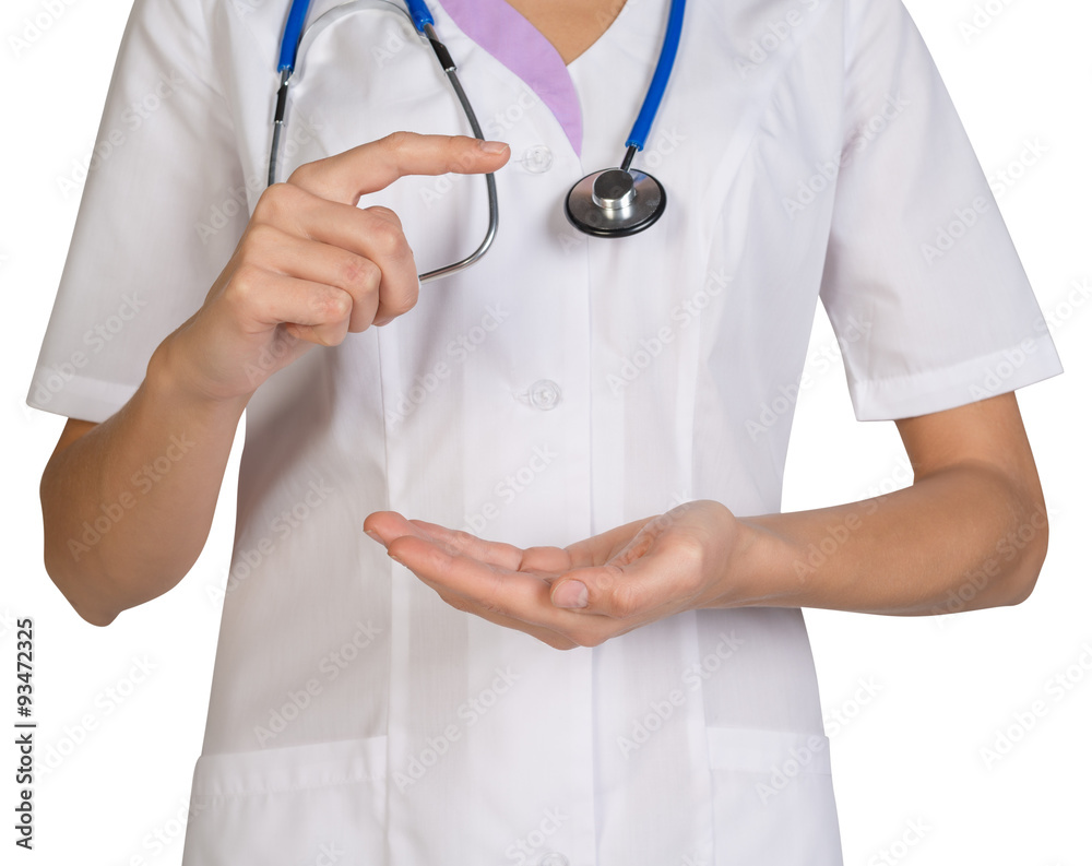 Female headless doctor pointing to something or pressing imaginary button. Female headless doctor pointing to something or pressing imaginary button.