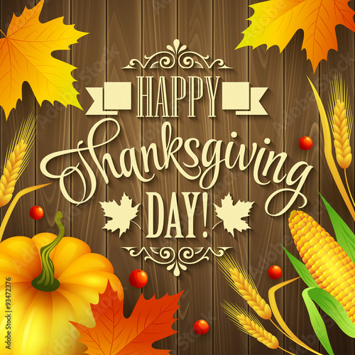 Hand drawn thanksgiving greeting card with leaves, pumpkin and