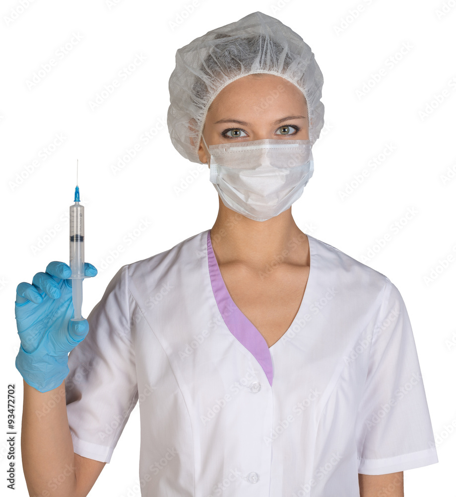 Woman doctor in robe holding blank medical syringe. Woman doctor in robe holding blank medical syringe.