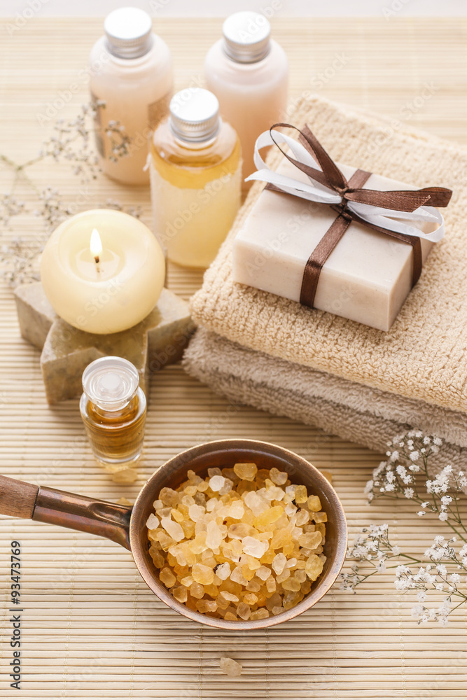 Spa set: bowl of sea salt, scented candle and bar of handmade so Spa set: bowl of sea salt, scented candle and bar of handmade so