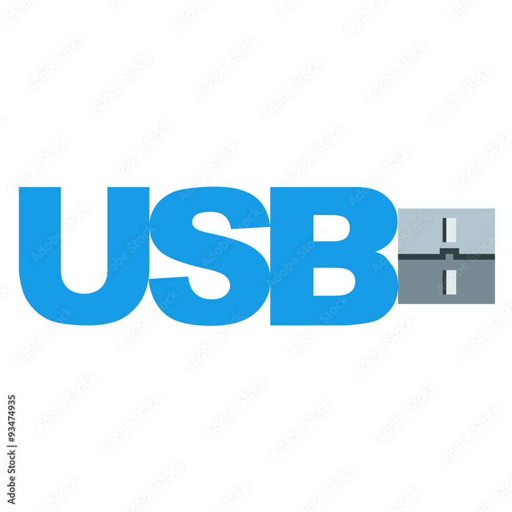 Icono plano texto USB con conector azul Icono plano texto USB con conector azul