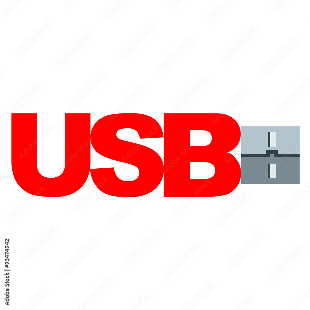 Icono plano texto USB con conector rojo