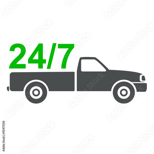 Icono plano texto 24 7 en furgoneta verde