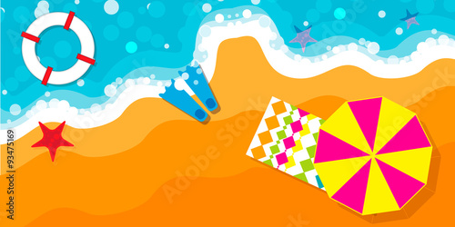 Summer vacation  time to travel  beach rest  sun  sea  waves  sand   umbrella  towel  flippers  starfish  lifebuoy. Vector flat background and objects illustrations