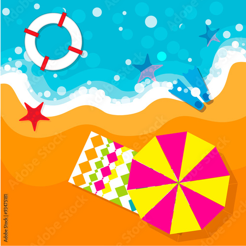 Summer vacation, time to travel, beach rest: sun, sea, waves, sand,  umbrella, towel, flippers, starfish, lifebuoy. Vector flat background and objects illustrations