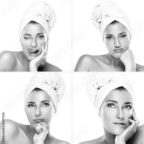 Four beauty portraits of a gorgeous woman with Towel in Head