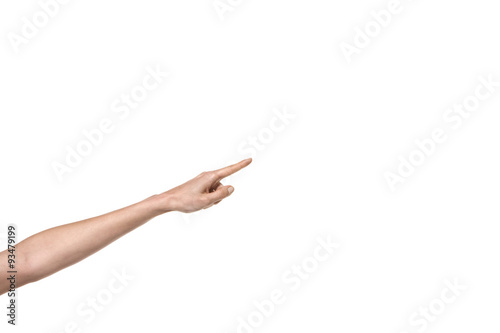 Hand with one finger pointing. Studio shot isolated on white.