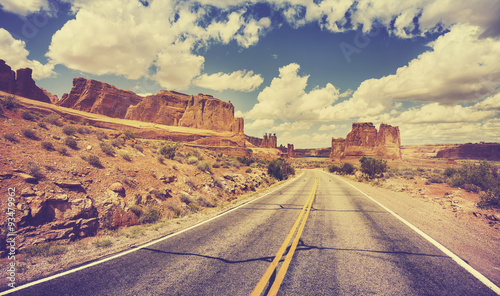 Vintage retro stylized scenic desert road, Utah, USA.