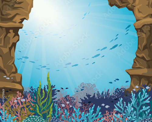 Underwater cave and coral reef.
