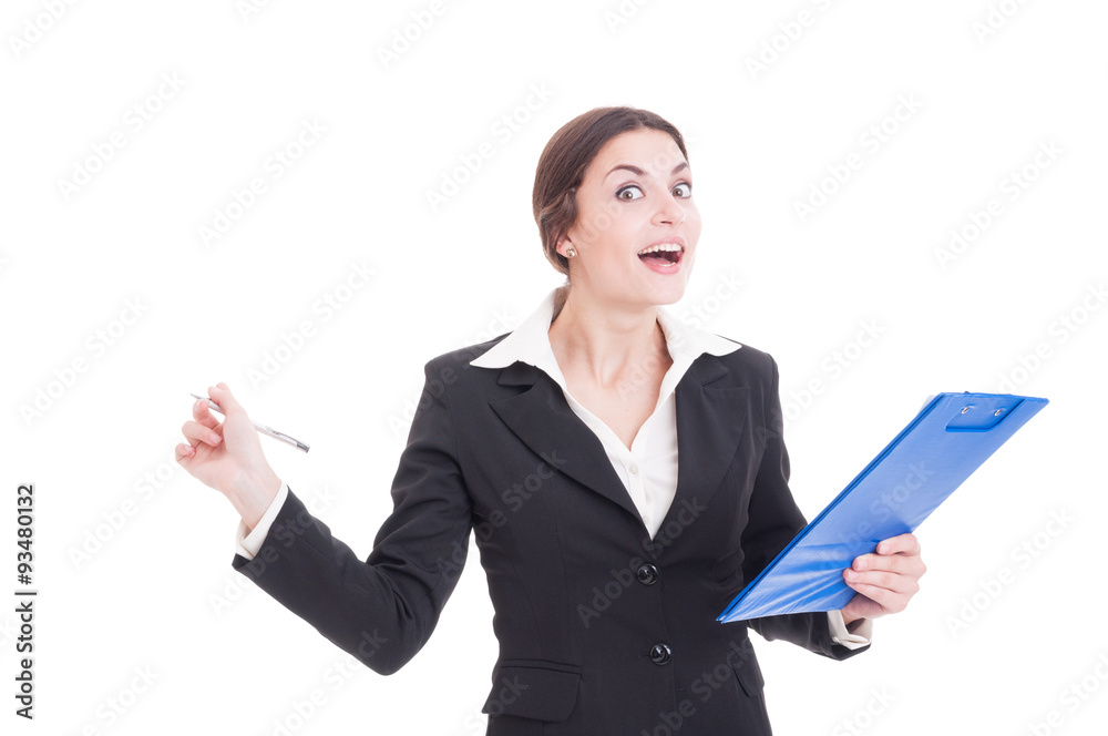 Happy smiling woman supervisor or inspector holding clipboard an Happy smiling woman supervisor or inspector holding clipboard an