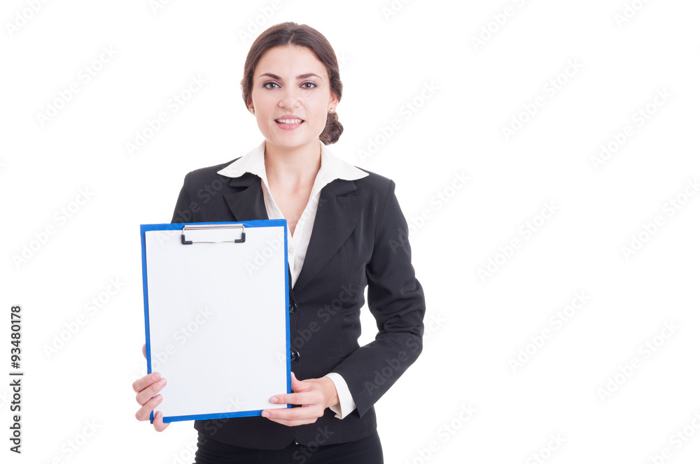 Woman marketing manager holding clipboard with blank white paper Woman marketing manager holding clipboard with blank white paper