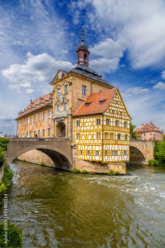 Bamberg, Germany. Old Town Hall, half-timbered Corporal House and the Upper Bridge. Historic city center of Bamberg is a listed UNESCO world heritage site