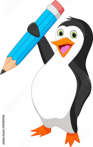 Happy penguin cartoon holding blue pencil