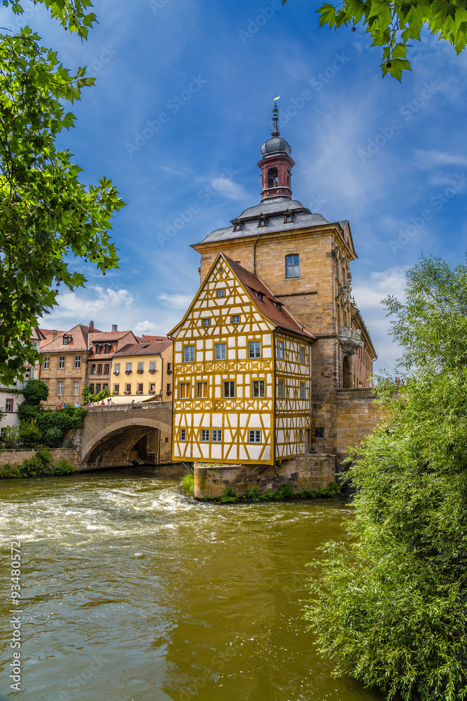Bamberg, Germany. Old Town Hall (1461), and half-timbered extension Corporal House (1668). Historic city center of Bamberg is a listed UNESCO world heritage site