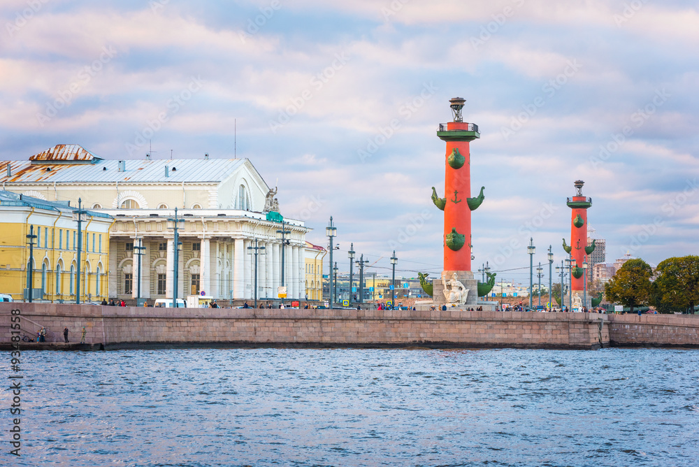 Old Saint Petersburg Stock Exchange and Rostral Columns in Evening