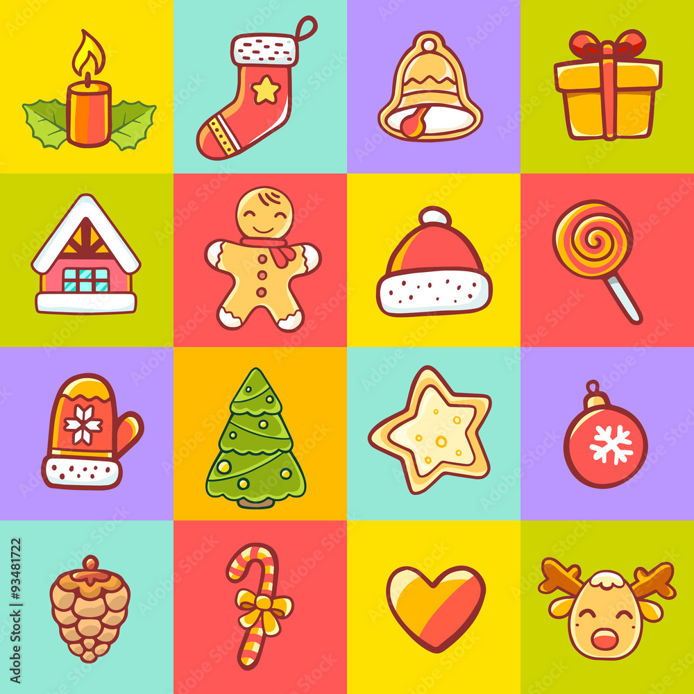 Vector illustration of set of christmas items on colorful backgr Vector illustration of set of christmas items on colorful backgr