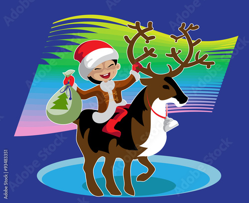 Boy  astride a reindeer