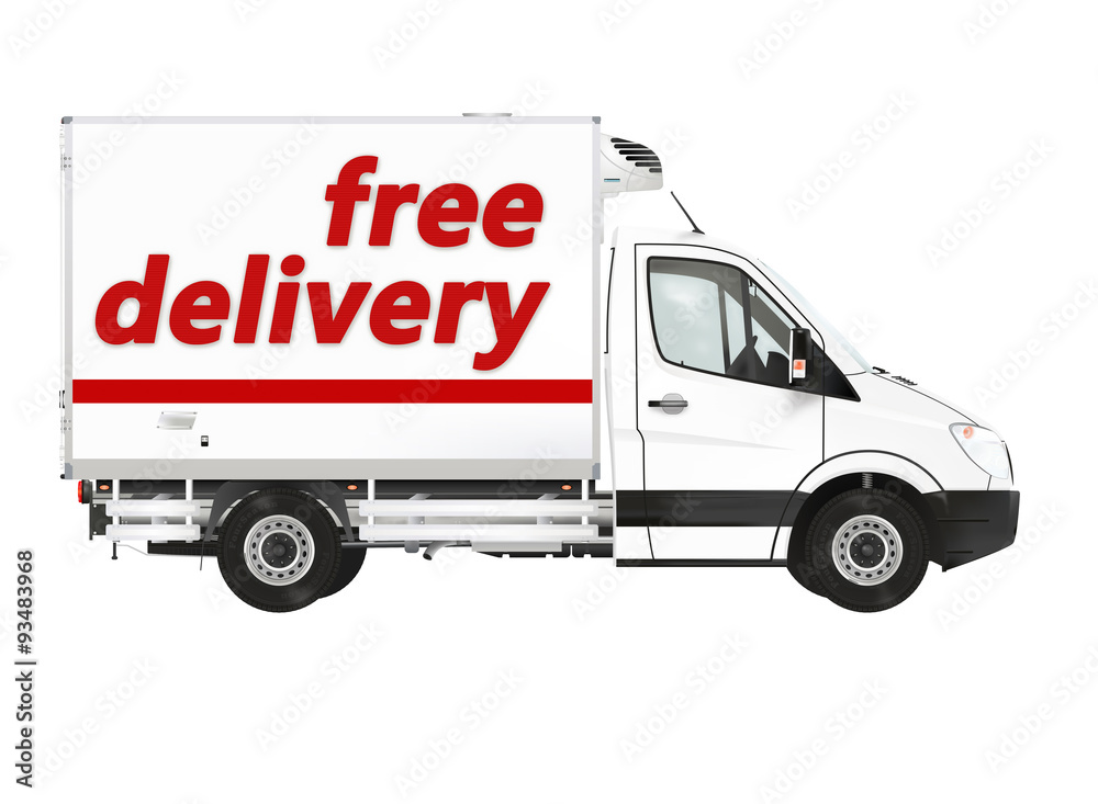 Free delivery. Van on the white background. Raster illustration.