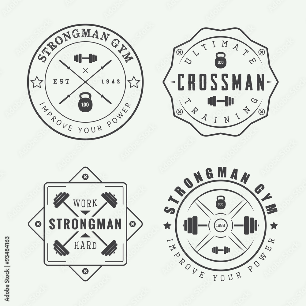 Set of gym logos, labels and slogans in vintage style Set of gym logos, labels and slogans in vintage style