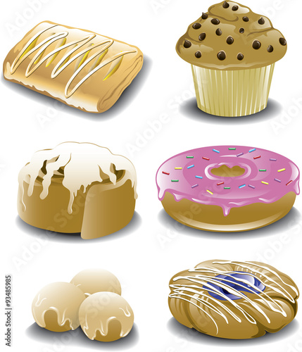 Illustration of assorted breakfast pastries..