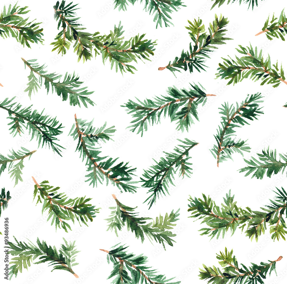 Pine tree branch. Watercolor repeat pattern Pine tree branch. Watercolor repeat pattern