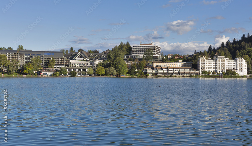 Bled town cityscape with lake