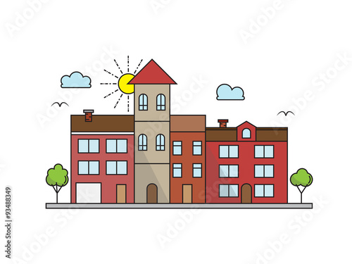 Vector city landscape illustration in linear style - buildings and clouds - graphic line design template
