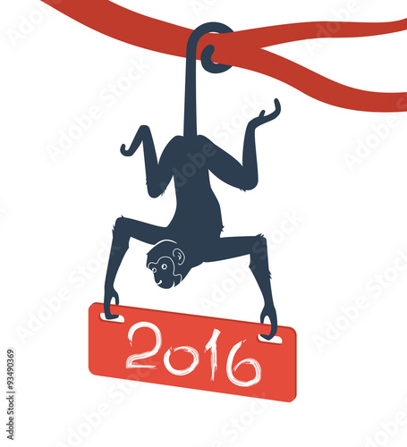Monkey. Monkey illustration. Funny monkey hanging on the tail and holds a sign. Christmas theme.