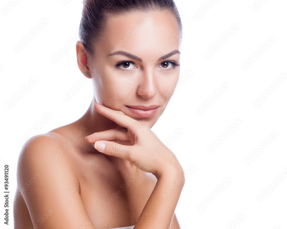 Pretty face of beautiful smiling woman - posing at studio isolated on white