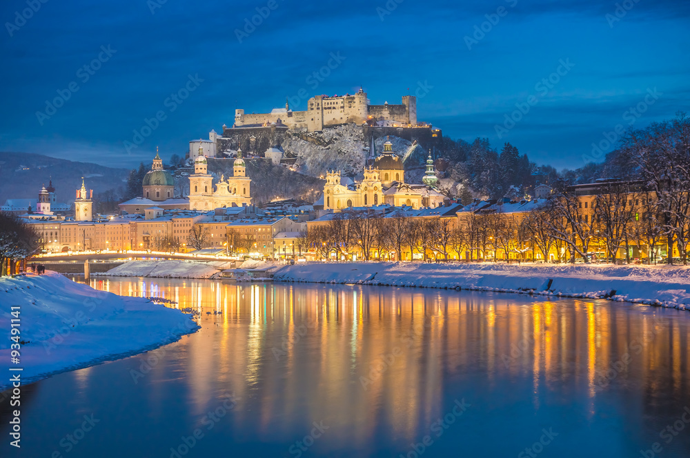 Historic city of Salzburg in winter at dusk, Austria
