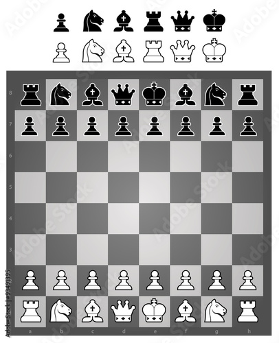 Vector chess board with black and white chess pieces