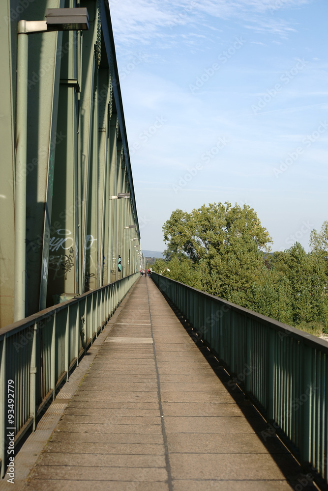 Eisenbahnbrücke Mainz / Ein Fahrradweg und Fußgängerweg an der Seite einer Eisenbahnbrücke