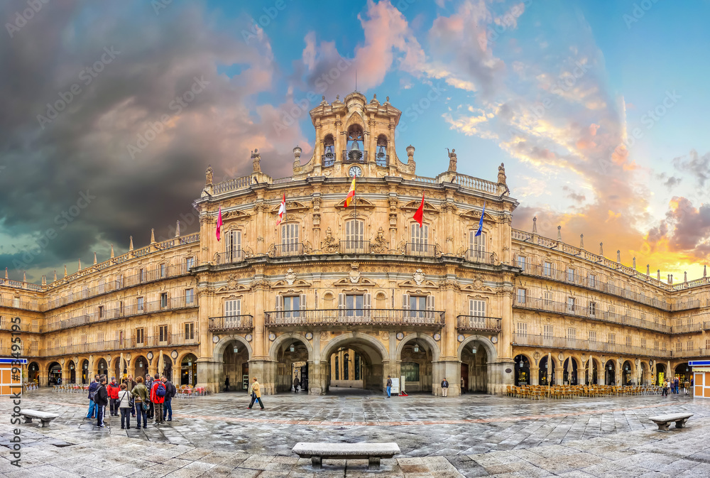 Famous historic Plaza Mayor in Salamanca, Castilla y Leon, Spain