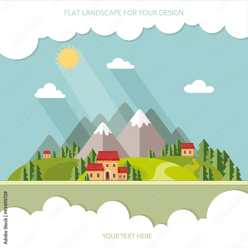 Landscape. Houses in the mountains among the trees. Flat style,