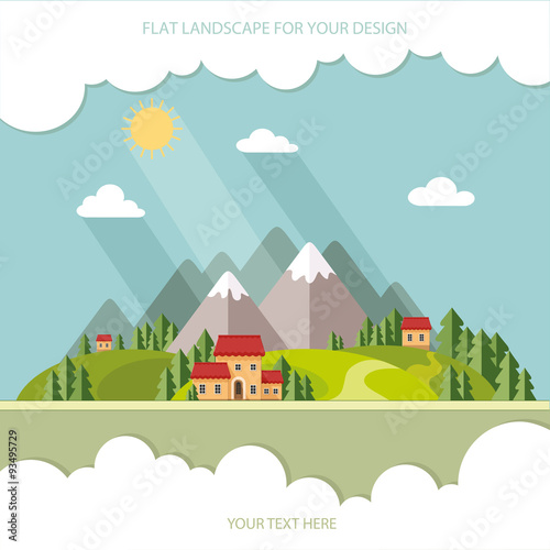 Landscape. Houses in the mountains among the trees. Flat style,