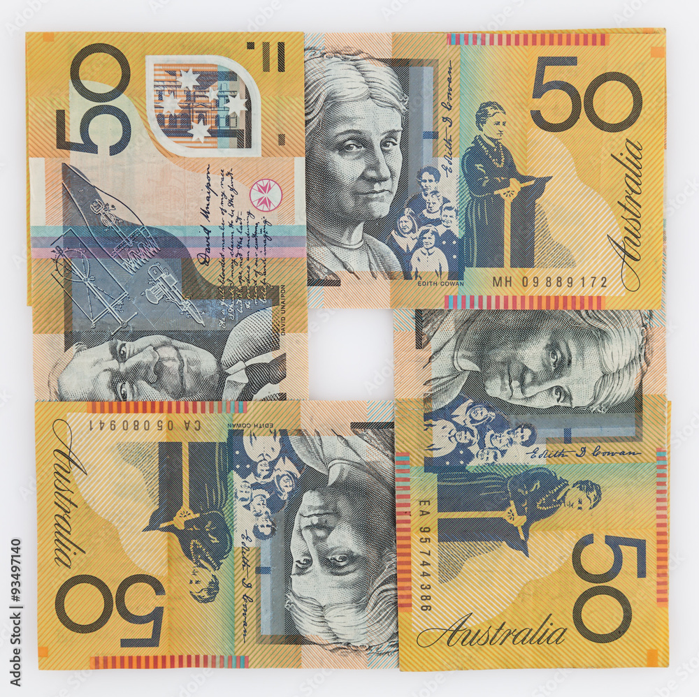 Four 50 Australian dollar bills in a square arrangement