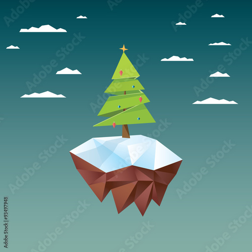 Low poly christmas tree on polygonal floating island. Holiday