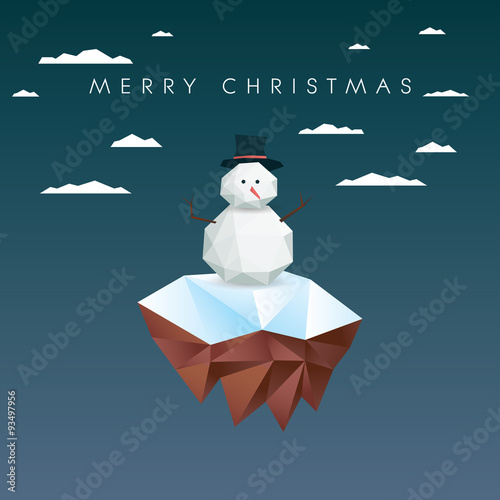 Low poly snowman on polygonal floating island. Christmas card