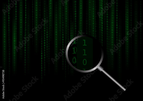 Vector : Binary number and magnifier on black background