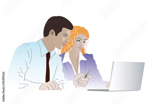 Businessman and businesswoman with a laptop