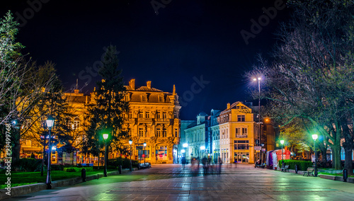night view of the illuminated main square in Ruse, Bulgaria. Ruse (also known as Rousse) is the 5th largest city in Bulgaria with 149 thousand people (2011). photo