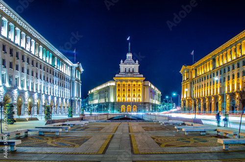 night view of the architectural ensemble of three Socialist Classicism edifices in central Sofia, the capital of Bulgaria photo