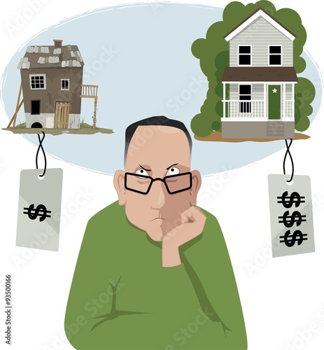 Upset men choosing between an affordable house in a bad shape and a nice, but expensive, house, EPS 8 vector illustration